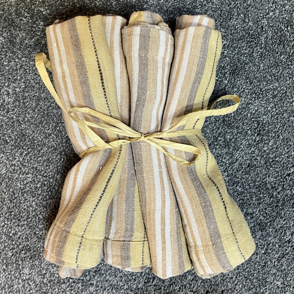 Pottery Barn Lonnie Stripe Linen Napkins Yellow/Beige Striped Yarn Dyed 4pk